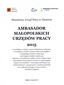 21_Tytuł ambasadora małopolskich urzędów pracy 2015 dla PUP Tarnów od WUP Kraków.png