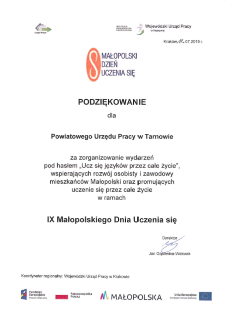 38 Podziękowanie za zorganizowanie IX Małopolskiego Dnia Uczenia się