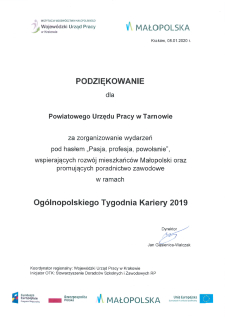 Podziękowanie za zorganizowanie wydarzeń w ramach Ogólnopolskiego Tygodnia Kariery 2019