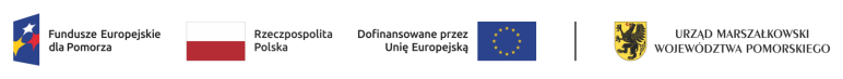 Grafika przedstawia pasek z logotypami na białym tle. Od lewej znajdują się oznaczenia Funduszy Europejskich dla Pomorza, flaga Rzeczypospolitej Polskiej wraz z flagą UE i dopiskiem Dofinansowane przez Unię Europejską. Z prawej strony znajduje się herb województwa wraz z napisem Urząd Marszałkowski Województwa Pomorskiego