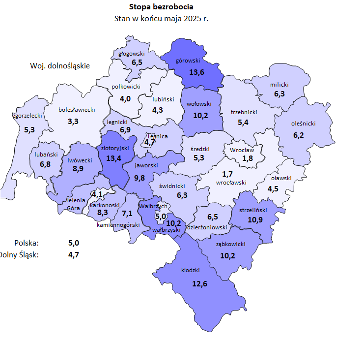 Mapa bezrobocie Dolny Śląsk - Dolnośląski Rynek Pracy - Maj 2025