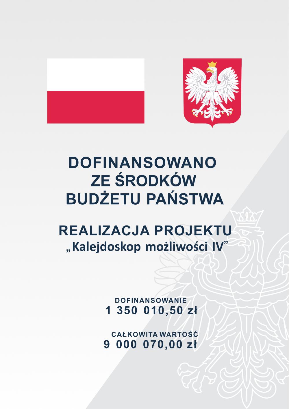Gmina Miejska Kraków/Grodzki Urząd Pracy w KrakowieRealizuje projekt „Kalejdoskop możliwości IV”Dofinansowanie projektu z UE:7 650 059,50 PLNDOFINANSOWANOZE ŚRODKÓWBUDŻETU PAŃSTWAREALIZACJA PROJEKTU„Kalejdoskop możliwości IV”DOFINANSOWANIE1 350 010,50 złCAŁKOWITA WARTOŚĆ9 000 070,00 zł