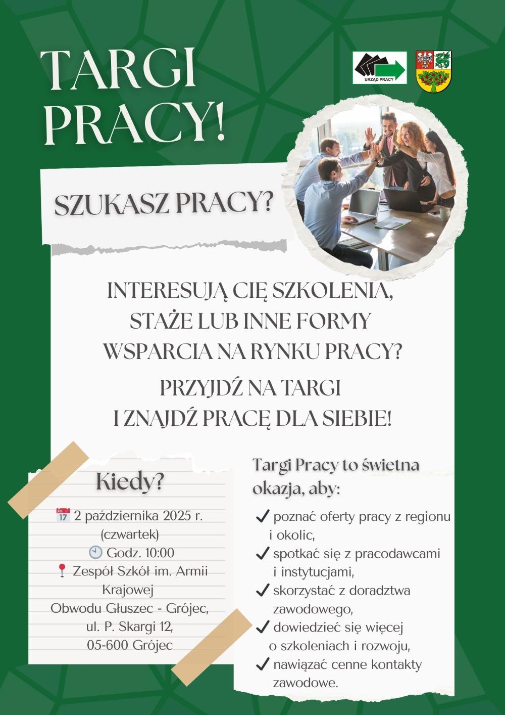 Plakat informacyjny na temat Targów Pracy, więcej informacji pod numerem +48 685 01 30