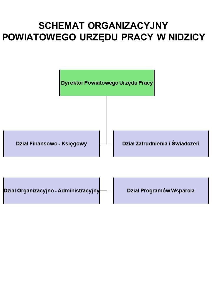 Schemat organizacyjny Powiatowego Urzędu Pracy w Nidzicy Dyrektor Powiatowego Urzędu Pracy w Nidzicy nad Działem Finansowo- Księgowym, Działem Organizacyjno - Administracyjnym, Działem Poradnictwa Zawodowego i Instrumentów Rynku Pracy i Działem Świadczeń i Pośrednictwa Pracy. Dział Poradnictwa Zawodowego i Instrumentów Rynku Pracy oraz Dział Świadczeń i Pośrednictwa Pracy tworzą Centrum Aktywizacji Zawodowej. Dział Świadczeń i Pośrednictwa Pracy nad stanowiskiem ds rejestracji oraz stanowiskiem ds ewidencji i świadczeń