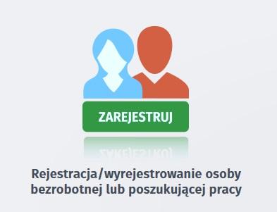 Obrazek z dwoma postaciami i napisem zarejestruj. Link przenoszący do strony praca.gov.pl w celu dokonania rejestracji/wyrejstrowania jako bezrobotny.