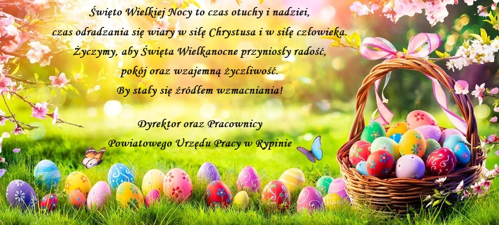 Kartka wielkanocna z życzeniami - przedstawia koszyk pisanek na tle wiosennego widoku (zielona trawa i gałazki kwitnącego drzewa) 