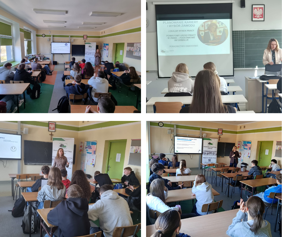 kolaż zajęć. 4 zdjęcia z zajęć z uczniami. klasa, uczniowie siedzą w ławkach, osoba prowadząca stoi i omawia tematykę planowania kariery. na tablicy wyświetla się prezentacja.