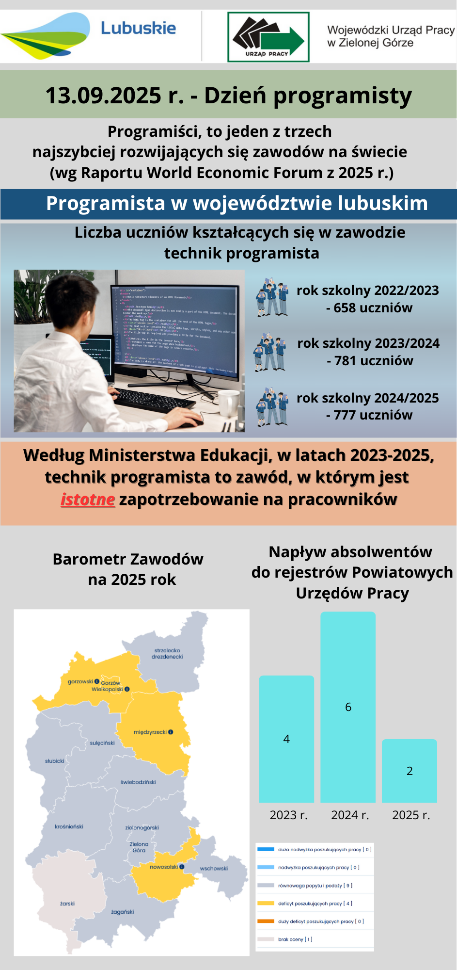 Infografika przedstawia dane statystyczne dotyczące zawodu programisty w województwie lubuskim. 